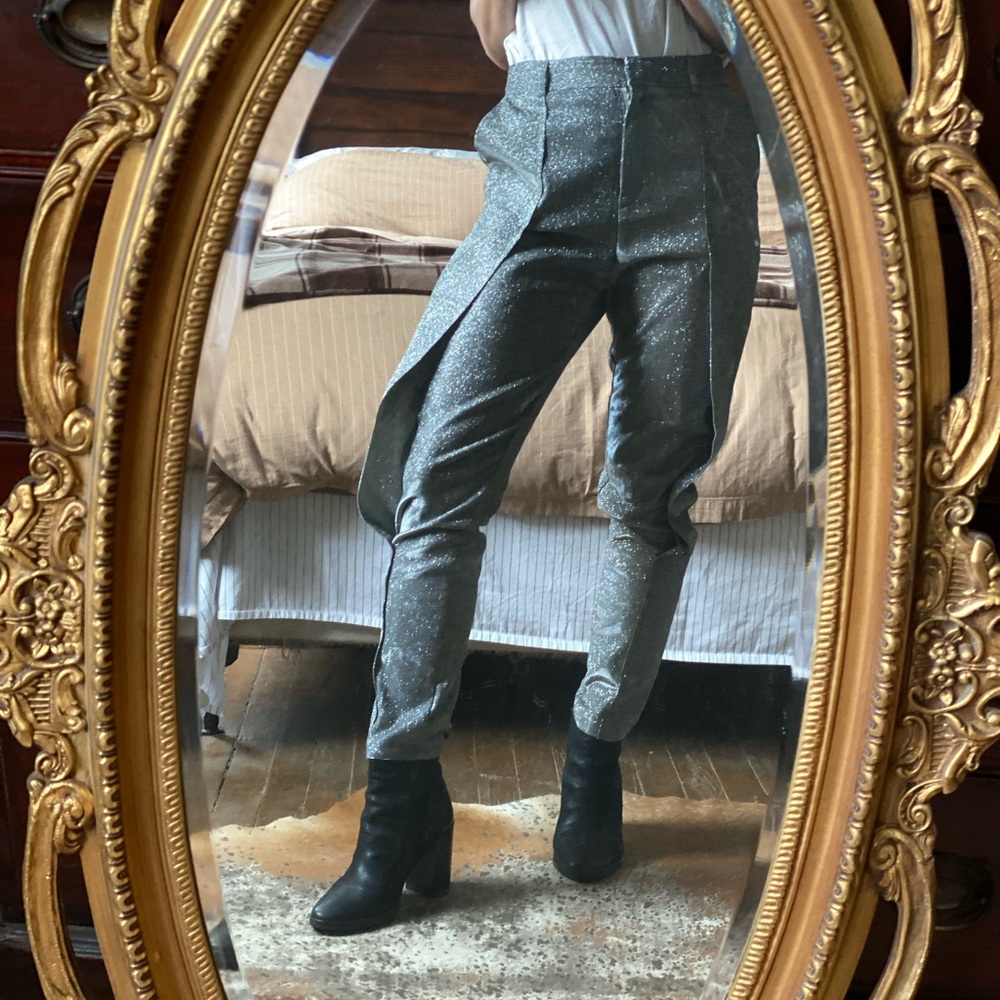 Super glam, fun, sparkly silver fitted pants with wings